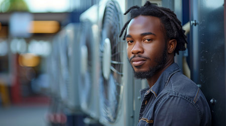 A young black repairman in casual attire examining an outdoor air conditioning unit. The image captures a professional moment in an urban environment, highlighting focus and technical skills.の素材