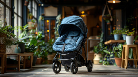 A modern blue baby stroller is displayed in a warm and inviting indoor environment surrounded by lush green plants, creating a soothing and stylish atmosphere.の素材