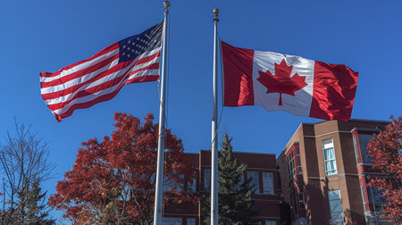 An image showing the American and Canadian flags side by side, symbolizing unity and friendship. The flags are set against a backdrop of clear autumn skies and colorful foliage.の素材