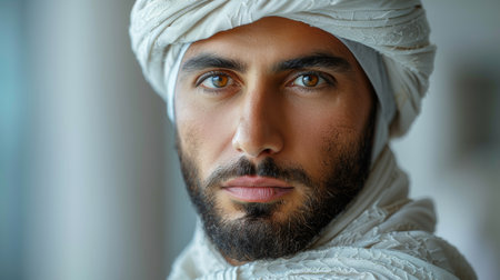 Close-up portrait of a confident Arab man wearing a traditional headscarf, showcasing striking facial features and a serene expression. The image captures cultural heritage and personal strength.の素材