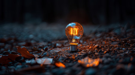 A glowing light bulb with intricate filament shines brightly on a dark, rocky surface, creating a warm and inviting atmosphere.の素材