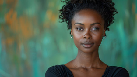 Portrait of a confident black woman standing with arms crossed, set against a vibrant, colorful abstract background, conveying strength and determination.の素材