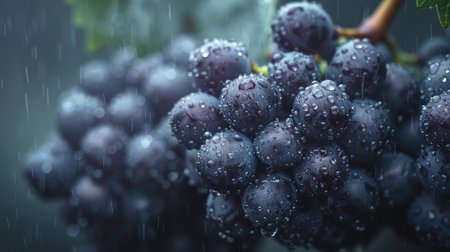 Close-up of a bunch of Shiraz grapes on the vine, glistening with rain droplets. Captures a fresh and lush vineyard atmosphere, highlighting the beauty and richness of grape cultivation.の素材