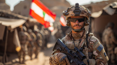 A soldier in tactical gear holding a machine gun stands ready with a national Lebanon flag waving behind him, symbolizing duty and patriotism.の素材