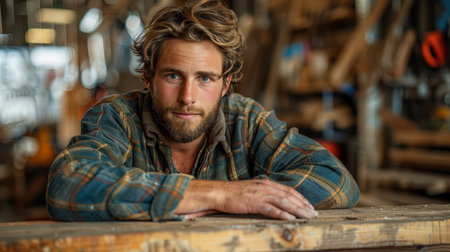A focused young carpenter sands a wood piece in a rustic workshop. The scene captures determination and artisanal craftsmanship with a clear emphasis on traditional woodworking skills and dedication.の素材