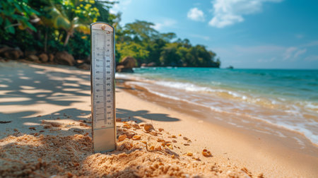 A shiny thermometer standing in the sand of a sunny tropical beach, measuring the warm temperatures of a beautiful day by the sea.の素材