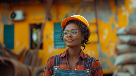 Young African American woman wearing a yellow hard hat, plaid shirt, and glasses, exuding confidence at a vibrant construction site.の素材