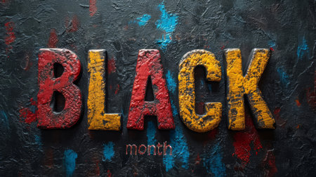 Vibrant, textured letters spelling 'BLACK' on a grunge-style background with splattered paint to celebrate Black History Month.の素材