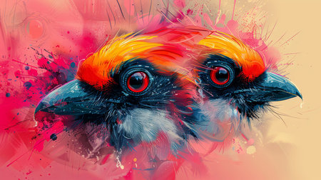 A colorful, surreal depiction of a bird with brilliant splashes of red and blue. The image showcases vibrant pop art influences and an abstract, dynamic composition.の素材