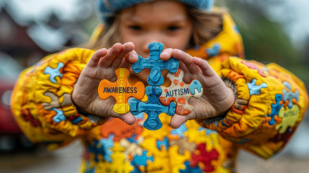 A young child in a vibrant jacket holds out puzzle pieces with 'Autism' and 'Awareness' words, emphasizing autism awareness in a natural setting.の素材