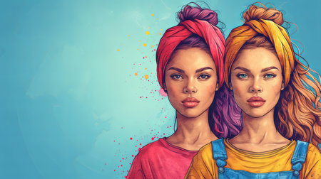 This eye-catching digital art features two women with bold headscarves in a colorful, artistic setting. Each expresses unique beauty and style, symbolizing empowerment and diversity.の素材