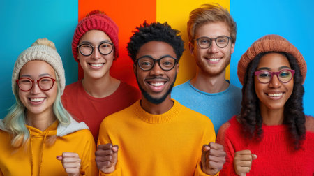 Colorful studio portrait capturing five joyful multiethnic young adults wearing stylish knit hats and bright casual attire, exuding warmth and happiness.の素材