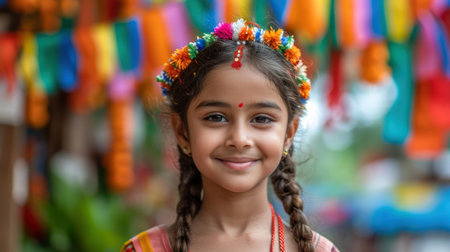 Portrait of a young Indian girl smiling, dressed in colorful traditional attire and a floral headdress, celebrating a national holiday with vibrant background.の素材