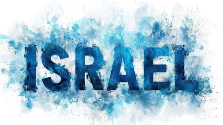 Vibrant watercolor splash forms the name 'Israel' creating a dynamic abstract image on a white background. Suitable for diverse creative projects.の素材