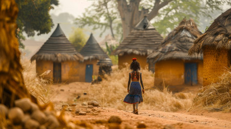 A young woman approaches traditional mud huts with thatched roofs in a rural village setting. The scene captures a serene, warm African landscape.の素材