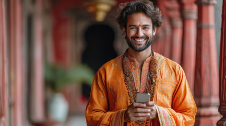 An Indian man wearing a vibrant orange kurta holds a smartphone, smiling warmly amidst a traditionally styled backdrop.の素材