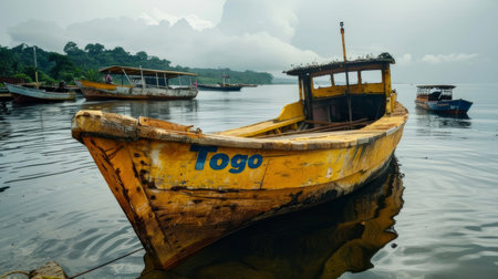 Old yellow boat named 'Togo' floating on serene waters, surrounded by other traditional boats under a foggy sky in a quiet, natural setting.の素材