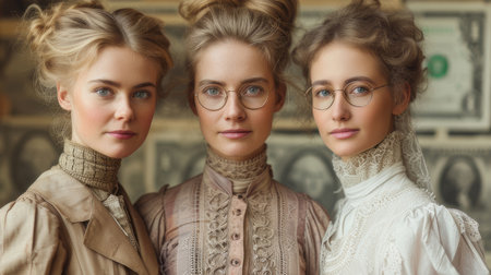 Three young women in Victorian attire demonstrate grace and style against a backdrop of historical currency, embodying the essence of 19th-century elegance.の素材