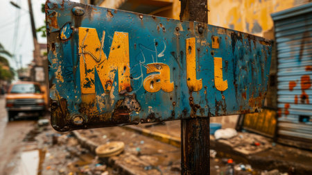 Zoomed-in view of a weathered street sign reading 'Mali,' with rich texture and vibrant colors against a blurred urban background with elements of decay.の素材