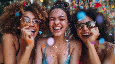 Three happy young women laugh and celebrate at an outdoor party, covered in colorful confetti, radiating joy and friendship.の素材
