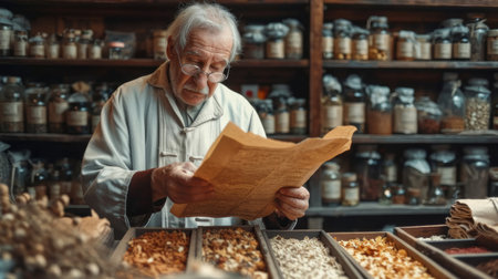 An aged traditional Chinese medicine practitioner carefully examines a prescription amidst myriad herbs in a rustic apothecary setting, symbolizing ancient medical wisdom.の素材