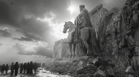 A striking grayscale image of a monumental statue on horseback, surrounded by a crowd and dramatic clouds. The scene evokes historical and cultural significance.の素材