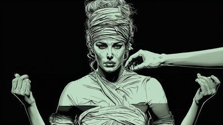 Artistic interpretation of justice rejecting bribery. An allegorical scene showing a blindfolded woman ignores a money offer, symbolizing integrity and corruption.の素材