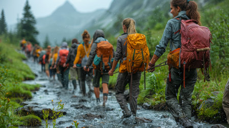 A line of hikers joins hands to cross a rushing mountain stream. Promotes teamwork, adventure, and courage in a scenic, natural environment.の素材