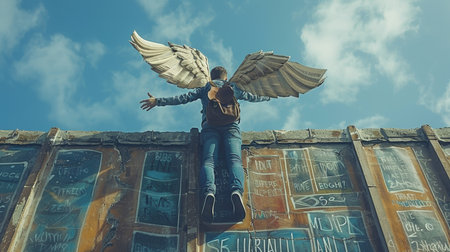 Creative concept image of a man jumping off a rooftop with paper wings, symbolizing freedom and imagination against a city backdrop.の素材