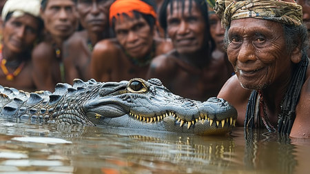 Elderly man smiling confidently next to a crocodile in water, surrounded by a group of people. The scene conveys trust, courage, and cultural connection.の素材