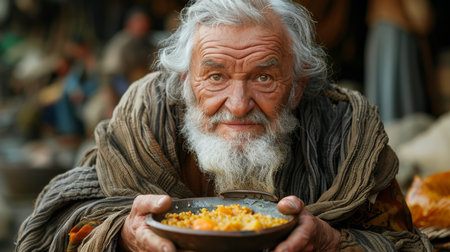 An elderly man holds a bowl of food, symbolizing kindness and generosity. His expression reflects a sense of warmth and compassion in a rustic setting.の素材