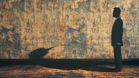 Silhouette of a businessman in a suit with a shadow resembling a cape, set against a textured abstract wall. Concept of hidden potential and leadership.の素材