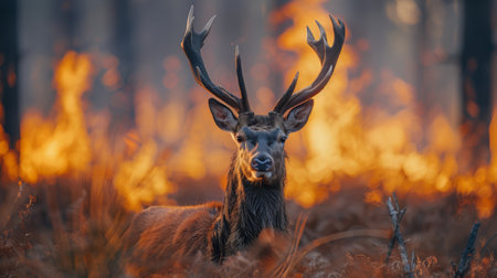 A powerful image of a deer standing in front of a fiery forest. This striking scene captures the raw beauty and danger of wildfire in the wilderness.の素材