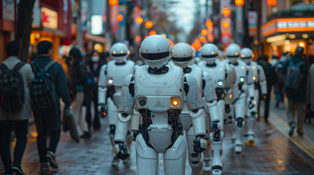 A group of humanoid robots walks through a busy city street, blending with pedestrians. The scene conveys advanced technology and the integration of robots in daily life.の素材