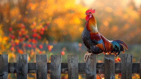 A vibrant rooster perches on a wooden fence, crowing at sunrise with a beautiful autumn backdrop in the countryside.の素材