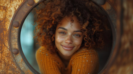 Portrait of a cheerful woman with curly hair smiling through a rustic circular window, evoking warmth and joy.の素材
