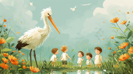 A whimsical illustration depicting several children interacting with a stork in a vibrant garden full of flowers and birds, evoking a sense of wonder and nature.の素材