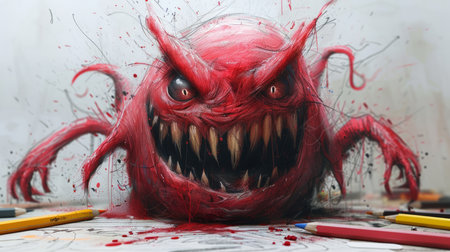 A vivid hand-drawn illustration of a red monster with sharp teeth and an intense expression, surrounded by colorful pencils. The artwork combines creativity and a hint of menace.の素材
