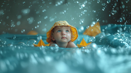 Charming image of a baby wearing a yellow hat, immersed in imaginative play with a paper boat surrounded by bubbles and soft lighting.の素材