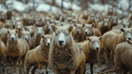 A group of sheep gathered closely, emphasizing the lead sheep in a natural outdoor setting, conveying unity and togetherness.の素材