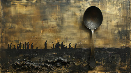 A large antique spoon set against a textured abstract background. The piece features silhouetted figures, evoking themes of history and mystery.の素材