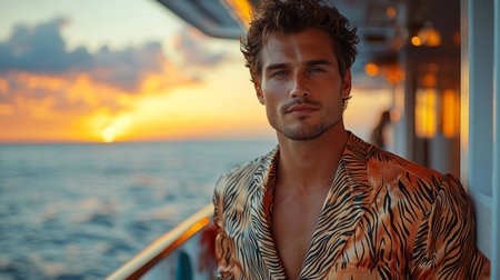 A handsome man wearing luxurious silk pajamas stands on a cruise ship deck, enjoying a breathtaking sunset over the ocean. The scene exudes relaxation and elegance with a touch of adventure.の素材