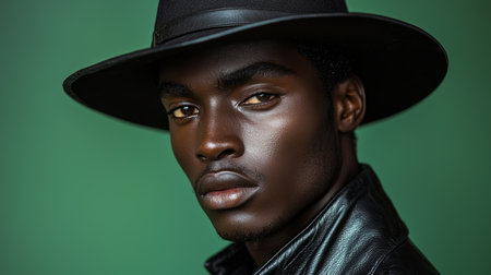 Striking close-up portrait of an African male model in a black hat and leather jacket against a green background, showcasing modern minimalist fashion and confident expression.の素材