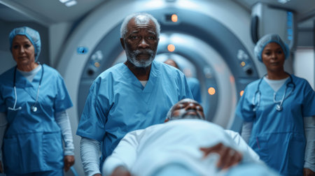 Low angle view of a mature medical team, dressed in blue scrubs, transporting a patient along a modern hospital corridor with high-tech equipment.の素材