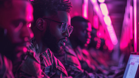Group of mixed-race military men in camouflage engaged in a serious conversation, illuminated by vivid red lighting in a high-tech environment.の素材