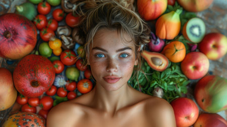 A captivating portrait of a young woman lying amidst a vibrant array of fresh fruits, highlighting her natural beauty, and the concept of healthy living.の素材