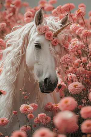 This captivating image features a white unicorn adorned with pink floral decorations, set against a field of blooming pink flowers, evoking a sense of magic and fantasy.の素材