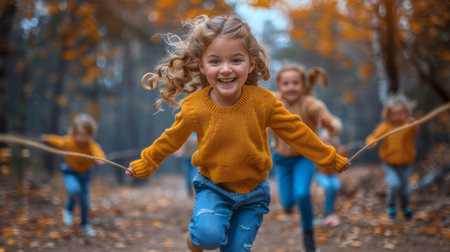A group of happy children enjoy a playful game of tug of war in a scenic autumn park, showcasing friendship and joy among elementary kids.の素材
