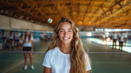 This stock photo features a radiant teenage girl smiling at a volleyball court, with her teammates playing in the softly blurred background.の素材
