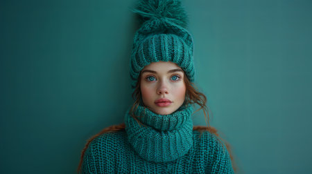 An engaging portrait of a young woman dressed in a teal knitted hat and scarf, showcasing striking blue eyes and soft, subtle smile against a teal background.の素材